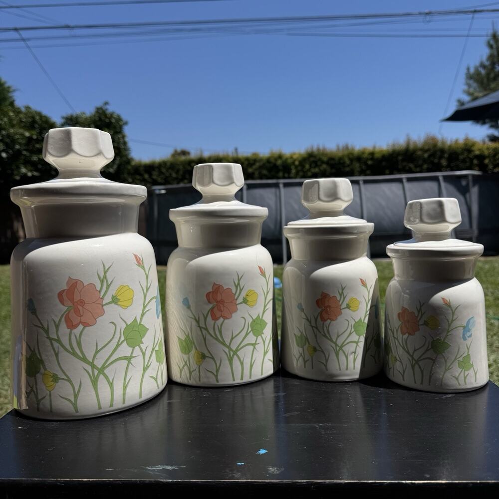 Set Of 4 Vintage Floral Canisters W/Lids White Ceramic Farmhouse Cottage Kitchen